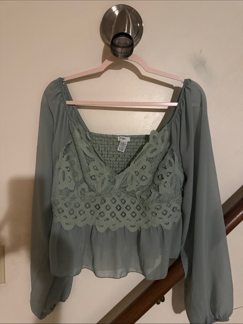 Rue21 Sage Green Lace-Trim Peasant Top